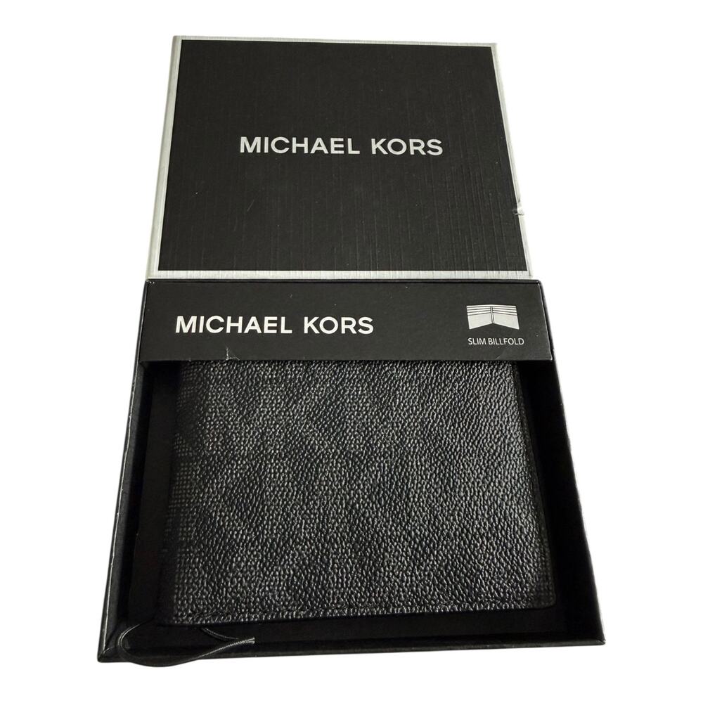 Michael Kors Jet Set Men's MK Monogram Black Gray Slim Bifold Leather Wallet NWT